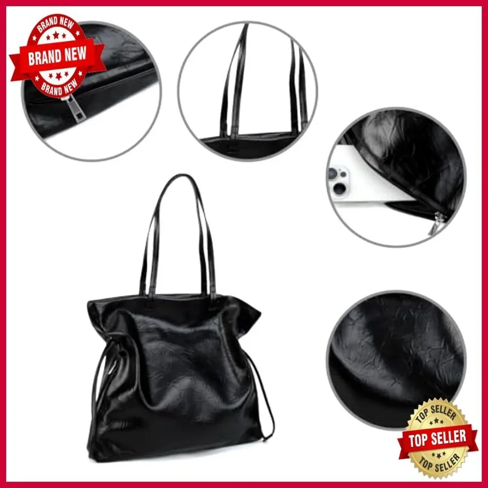Large Vegan Leather Tote Shoulder Bag with Side Pocket